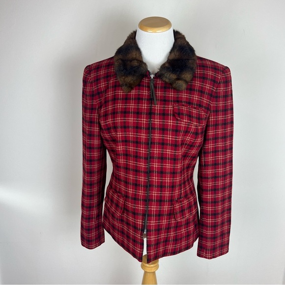 Vintage Ralph Lauren Fur Trim Collar Plaid Zip Up Lady Jacket Blazer Size 8 Red - Picture 1 of 6